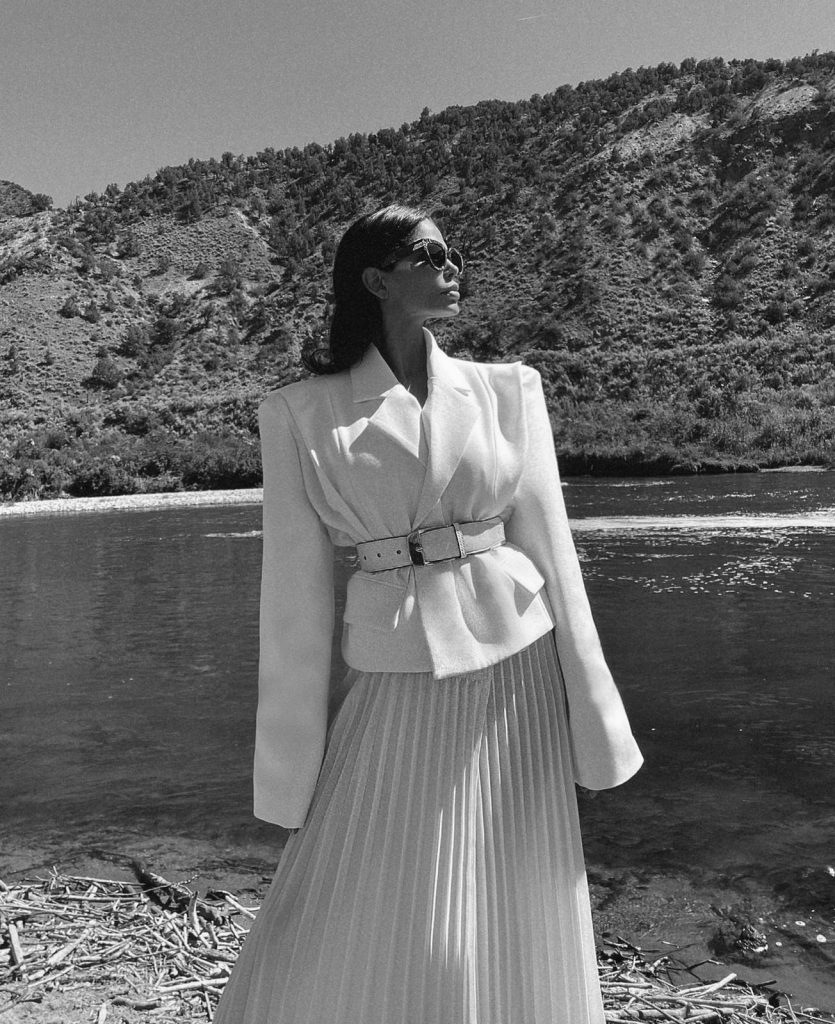 Fashion Influencer Victoria Barbara wearing Givenchy belt and Gia Studios White Blazer & Skirt